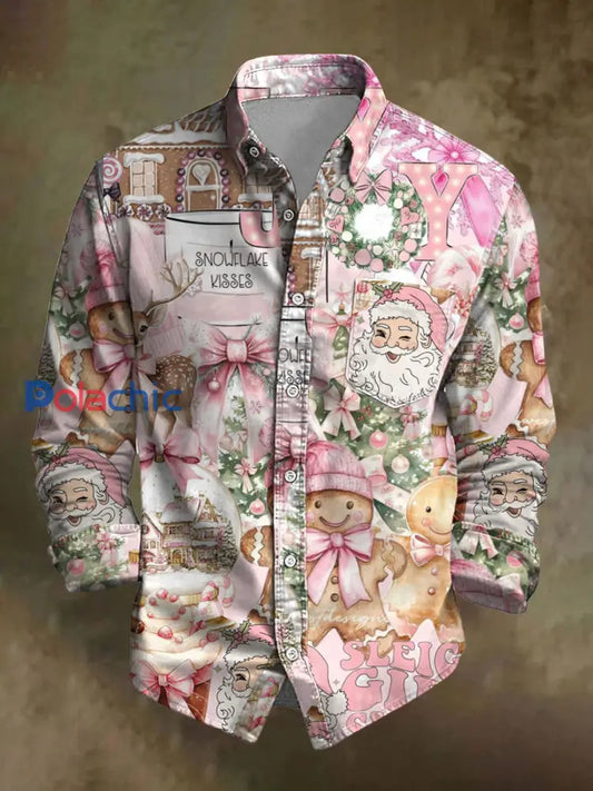 Chemise décontractée à imprimé de Noël rétro pour hommes Rose / S