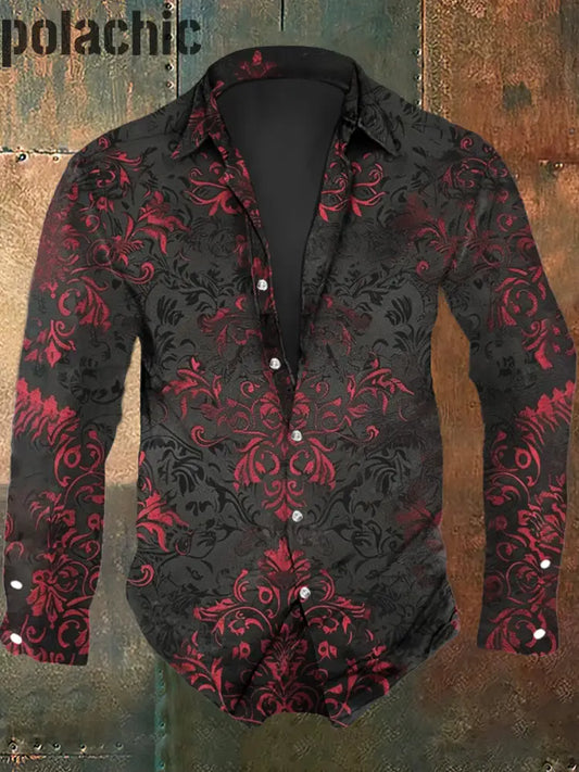 Chemise Décontractée À Imprimé Graphique Rétro Pour Hommes Manches Longues Noir / S