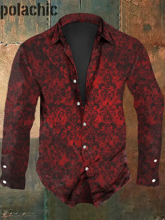 Chemise Décontractée À Imprimé Graphique Rétro Pour Hommes Manches Longues Rouge / S