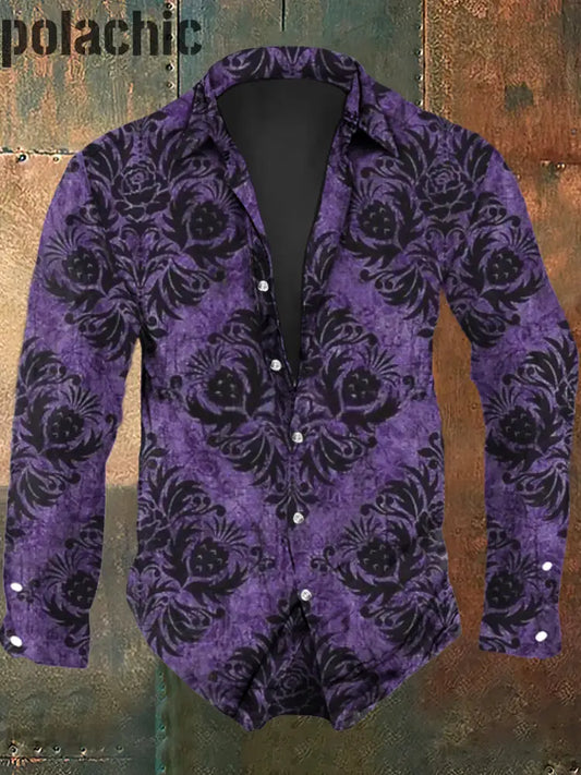 Chemise Décontractée À Imprimé Graphique Rétro Pour Hommes Manches Longues Violet / S