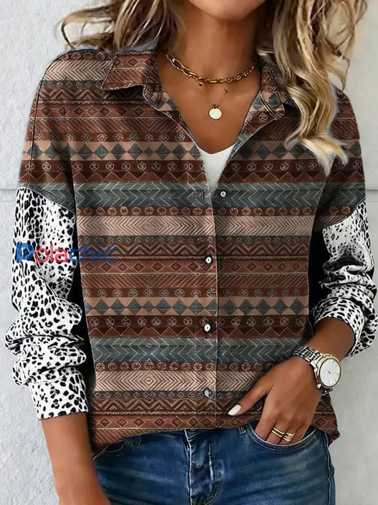 Chemise décontractée à imprimé léopard ethnique ethnique occidental vintage pour femmes comme image / S