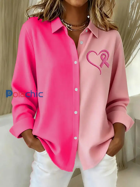 Chemise décontractée imprimée ruban rose sensibilisation au cancer du sein pour femmes Rose / S