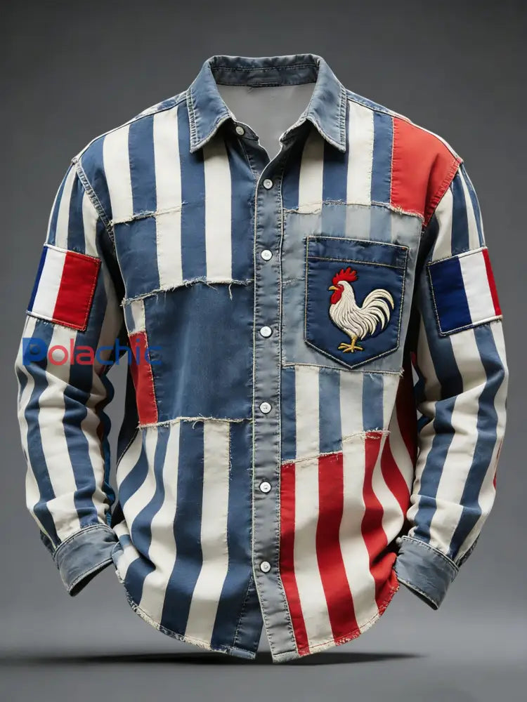 Chemise Décontractée Patchwork Rayée Drapeau Coq Rétro Français Multicolore / S