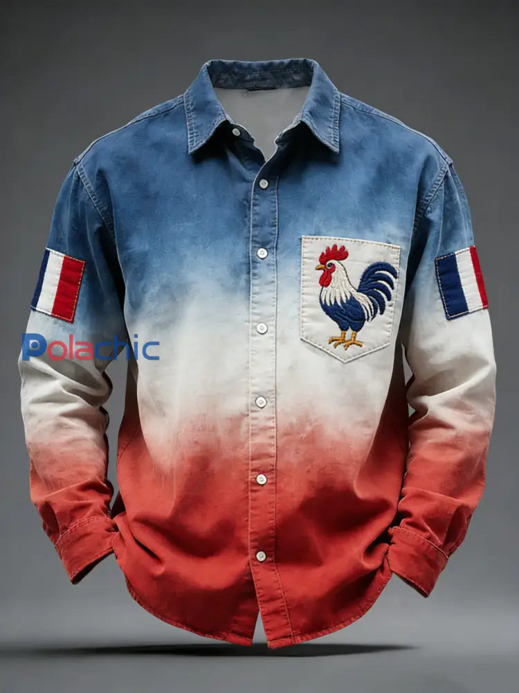 Chemise Décontractée Rétro Drapeau Français Coq Dégradé Multicolore / S