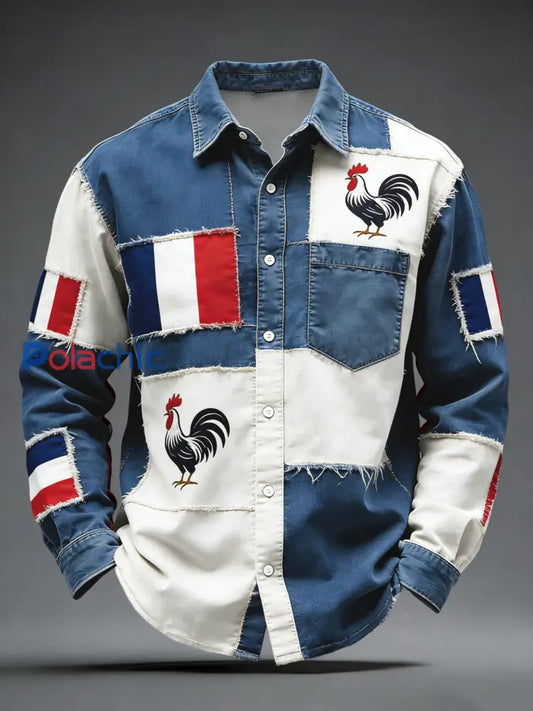 Chemise Décontractée Rétro Drapeau Français Coq Patchwork Multicolore / S