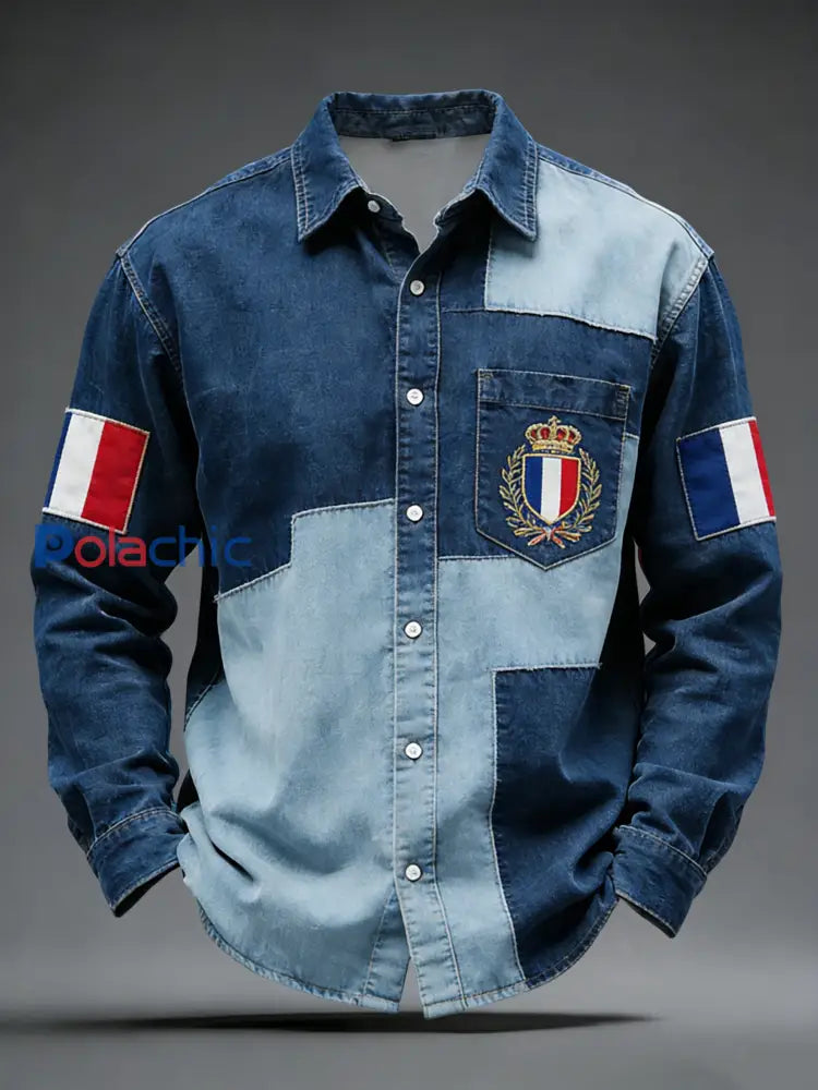 Chemise Décontractée Rétro Drapeau Français Denim Patchwork Multicolore / S
