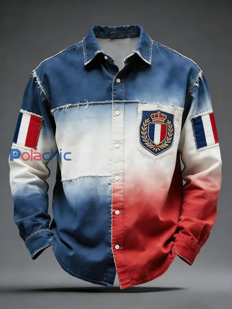 Chemise Décontractée Rétro Drapeau Français Emblème Dégradé Multicolore / S