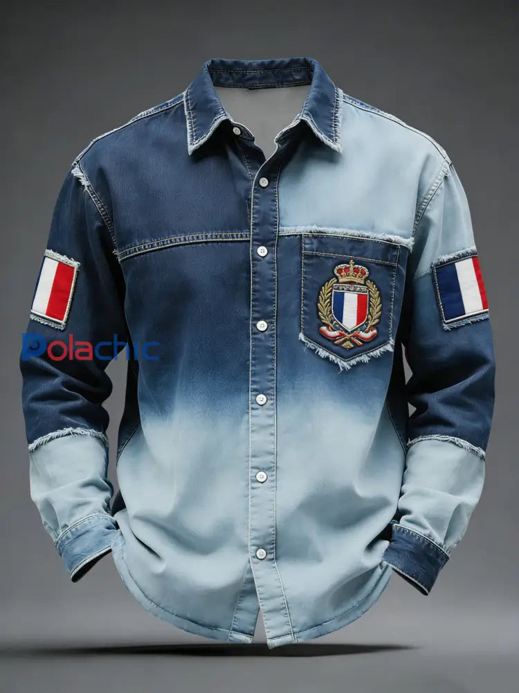 Chemise Décontractée Rétro Drapeau Français Emblème Denim Patchwork Multicolore / S