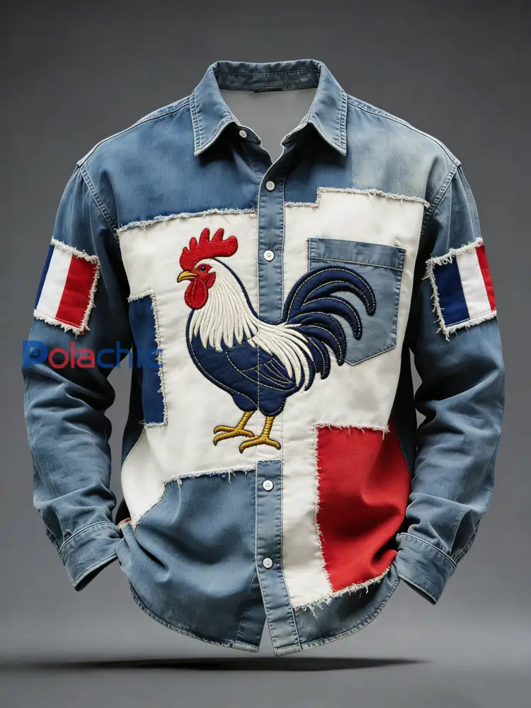 Chemise Décontractée Rétro Drapeau Français Patchwork Multicolore / S