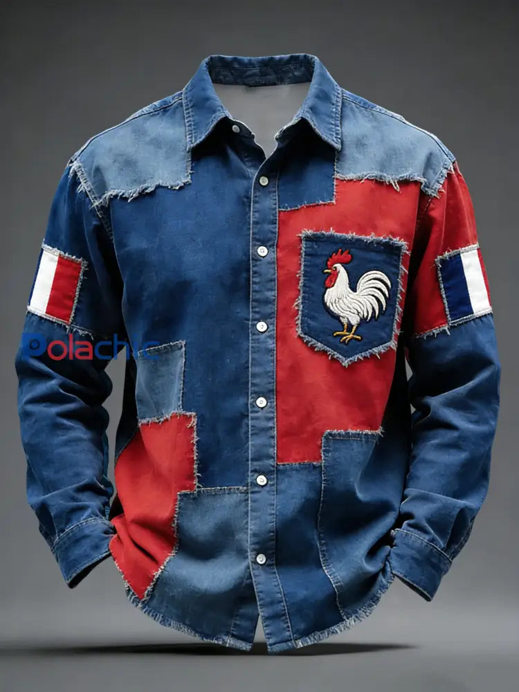 Chemise Décontractée Rétro Emblème Coq Français Patchwork Multicolore / S