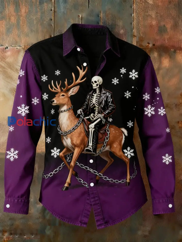 Chemise Décontractée Rétro Punk Christmas Crâne Renne Abstrait Imprimé à Manches Longues Violet / S