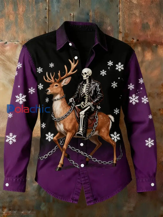 Chemise Décontractée Rétro Punk Christmas Crâne Renne Abstrait Imprimé à Manches Longues Violet / S