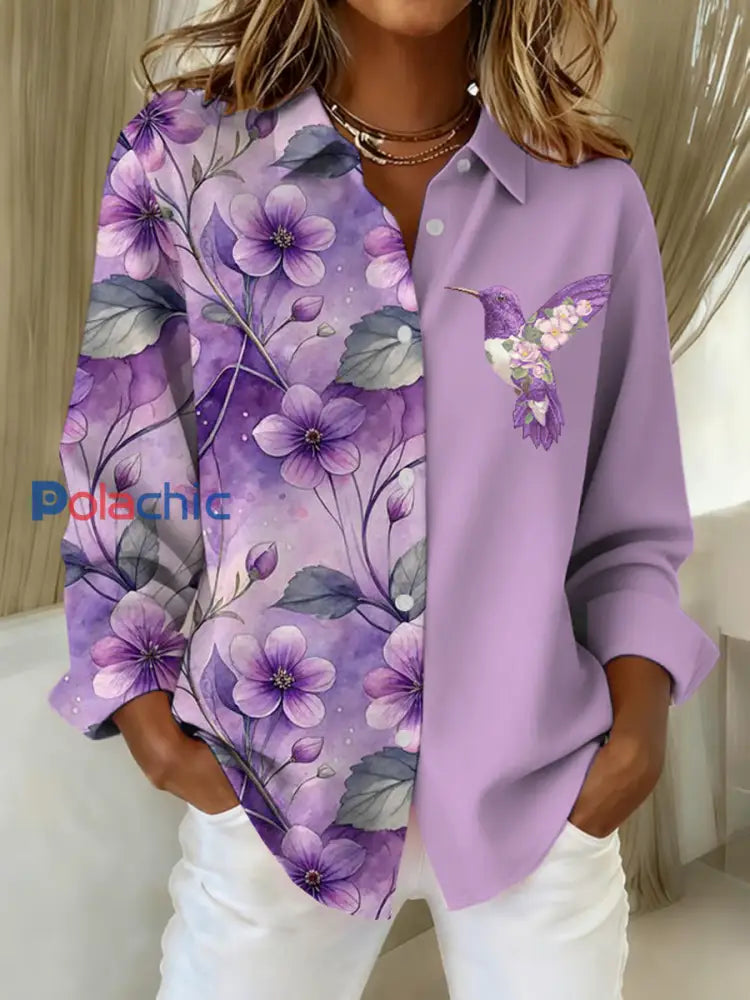 Chemise en lin décontractée à imprimé floral colibri violet pour femmes Violet / S