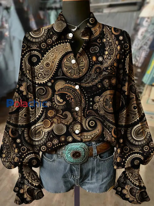 Chemise en velours velours à manches longues à imprimé cachemire vintage western comme image / S