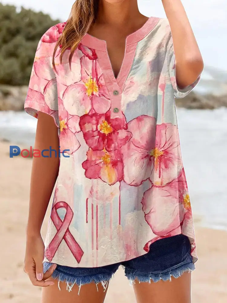 Chemise Femme à Manches Courtes Imprimé Fleurs Ruban Rose Cancer Du Sein Rose / S