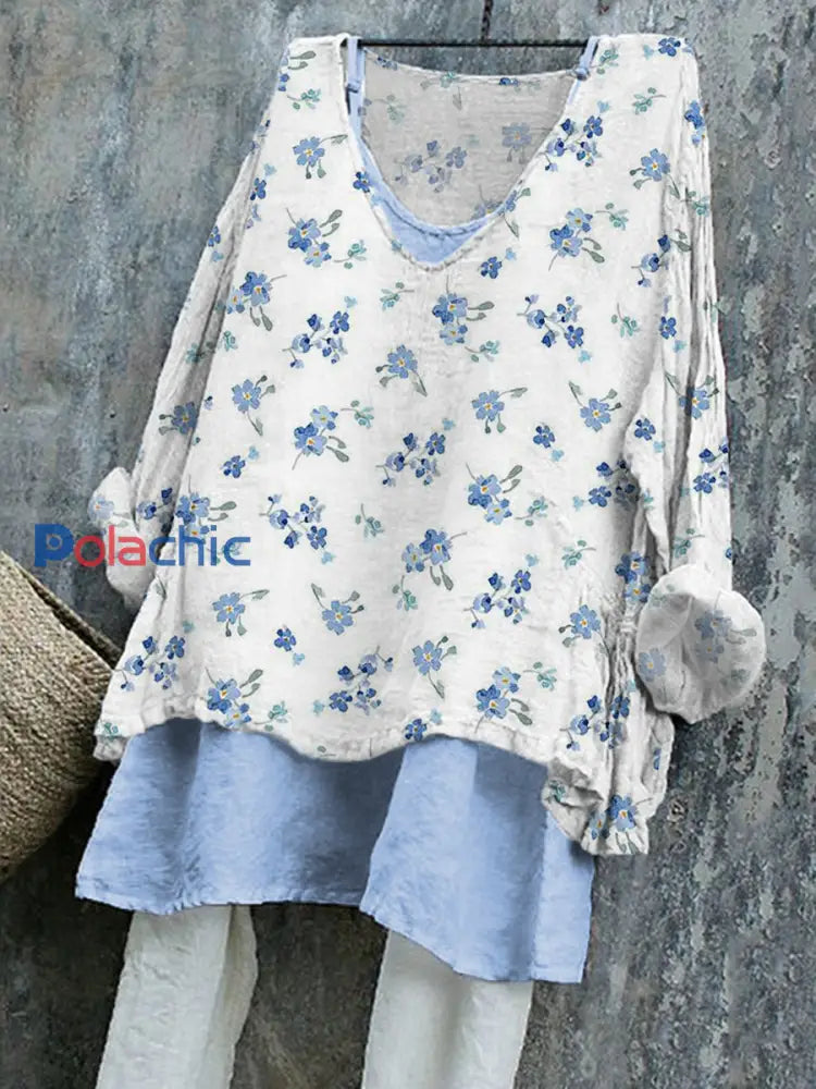Chemise Femme Bleu Aquarelle Imprimé Floral En Lin comme image / S