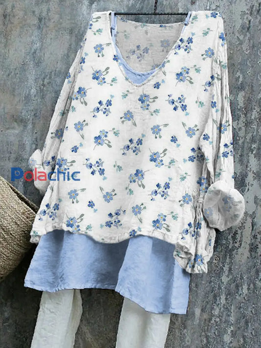 Chemise Femme Bleu Aquarelle Imprimé Floral En Lin comme image / S