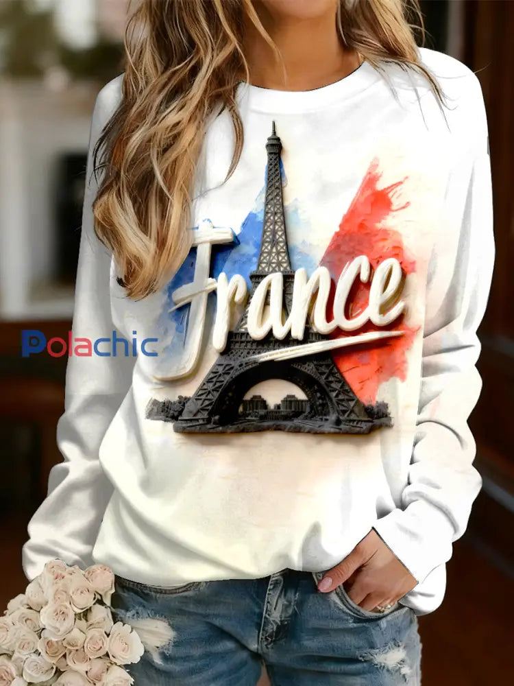 Chemise Femme French Print à Manches Longues Blanc-Crémeux / S