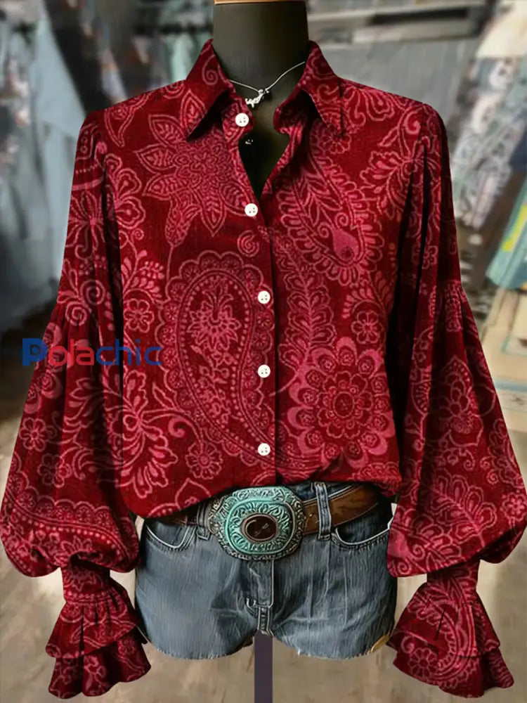 Chemise Femme Western Vintage Imprimé Floral à Manches Longues en Velours comme image / S