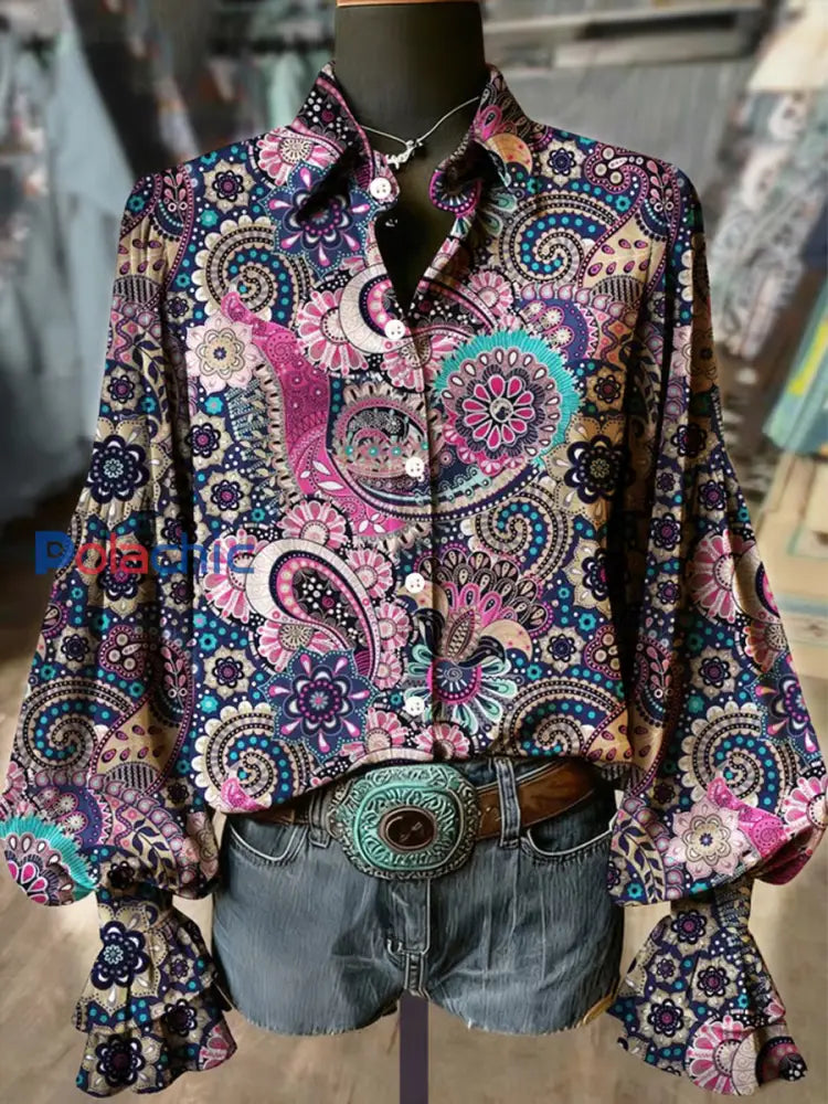 Chemise Femme Western Vintage Paisley Print à manches longues en velours comme image / S