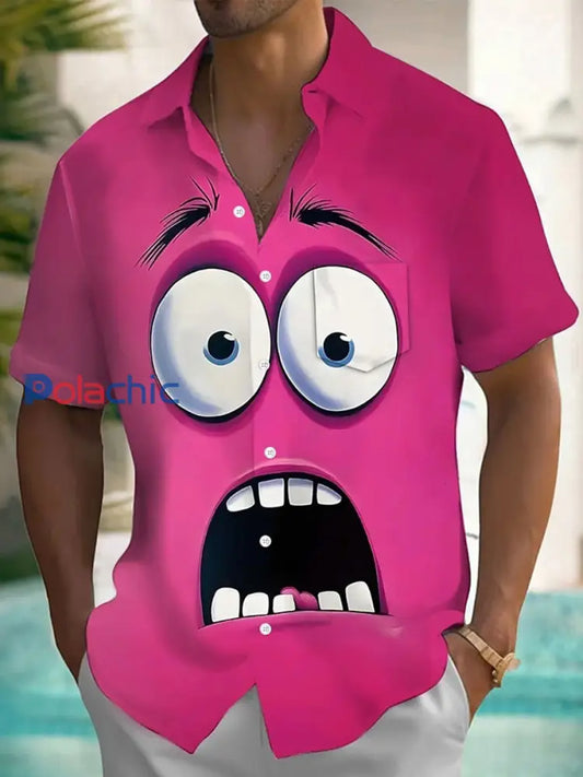 Chemise Funny Big Eyes Expression Print Homme Rose Rouge / S