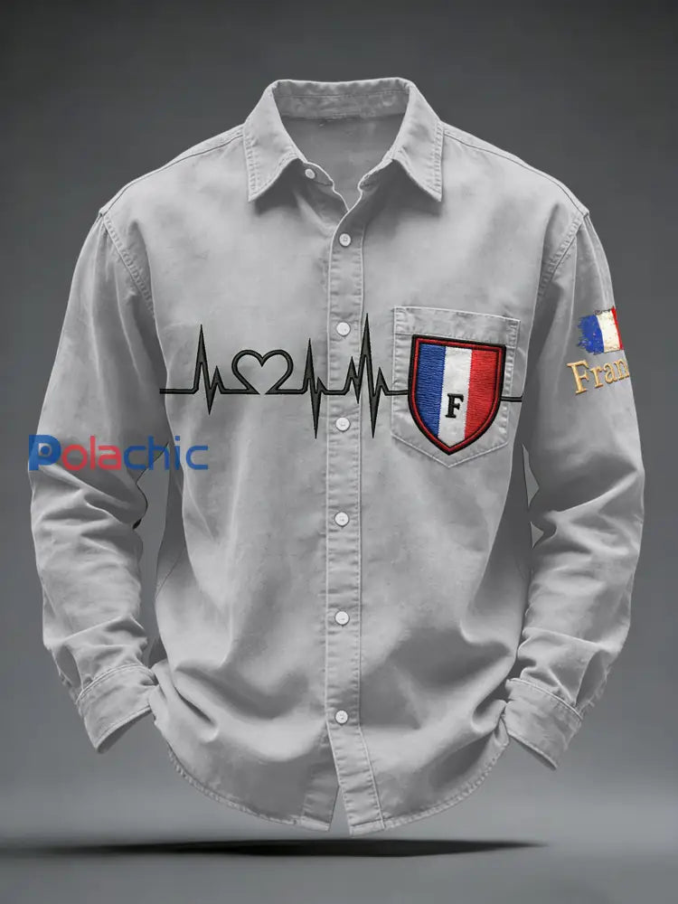 Chemise Homme Grise Avec Poche Imprimé Drapeau Français Gris / S
