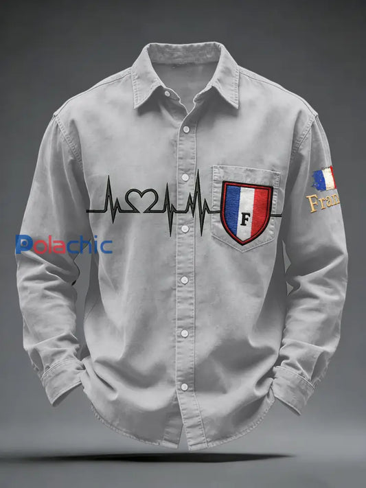 Chemise Homme Grise Avec Poche Imprimé Drapeau Français Gris / S