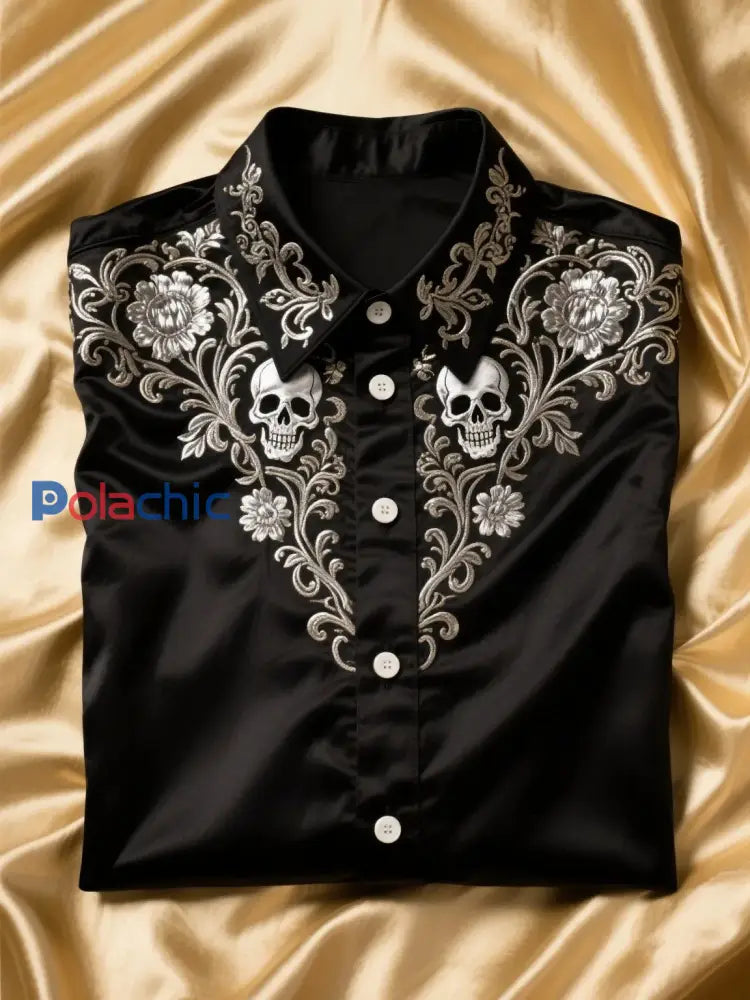 Chemise Homme Satin Crâne Manches Longues Noir / S