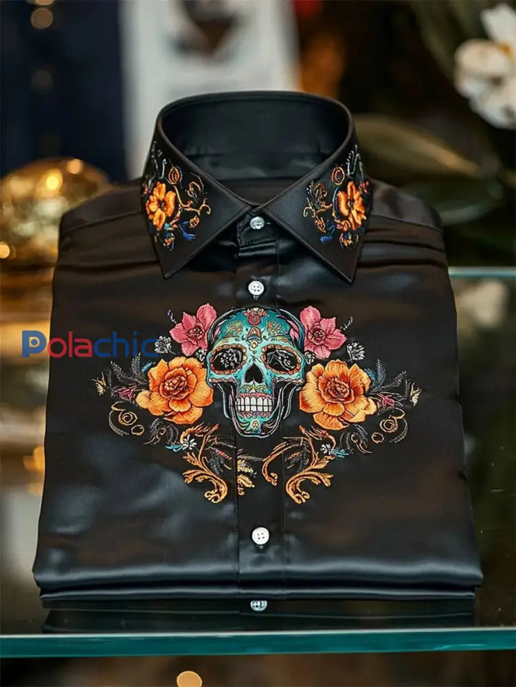 Chemise Homme Satin Crâne Manches Longues Noir / S