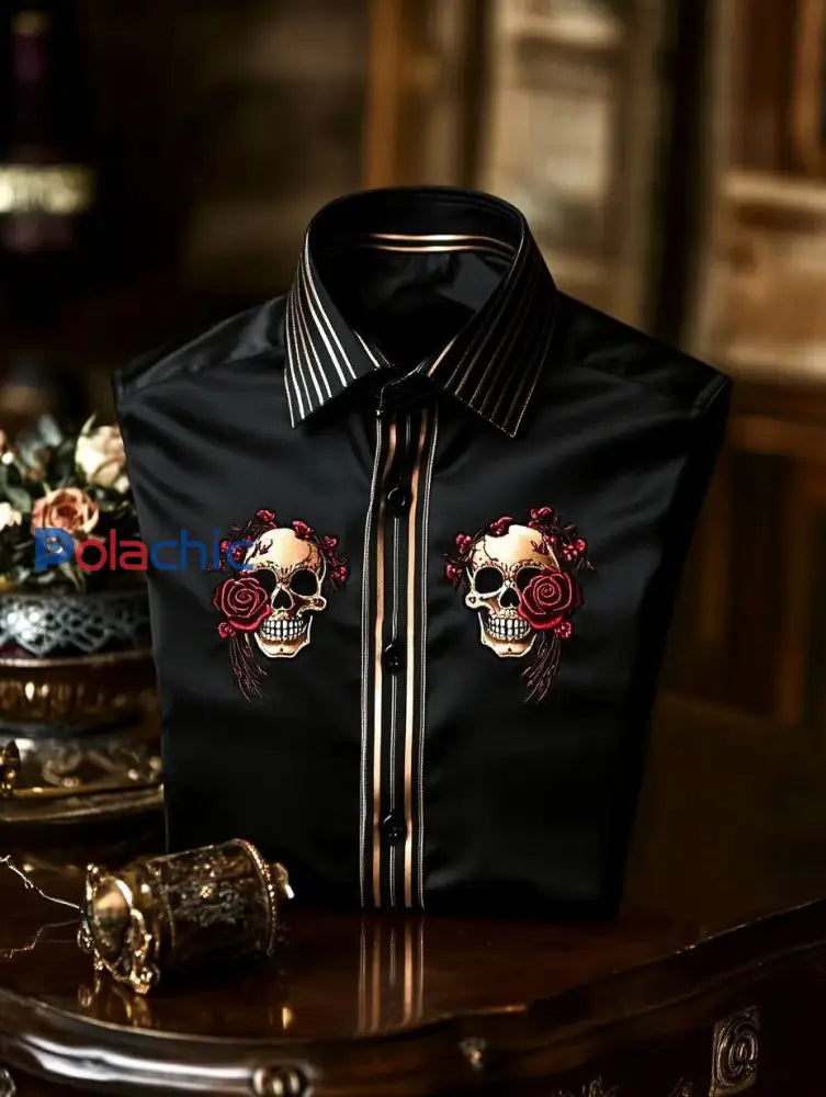 Chemise Homme Satin Crâne Manches Longues Noir / S