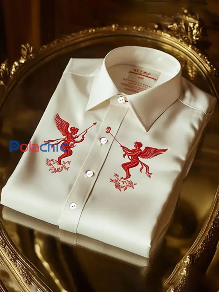 Chemise imprimée art coeur Saint-Valentin de style d’affaires pour hommes Beige / S