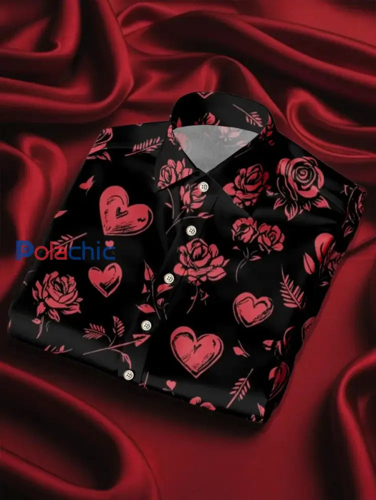 Chemise imprimée art coeur Saint-Valentin de style d’affaires pour hommes Noir / S