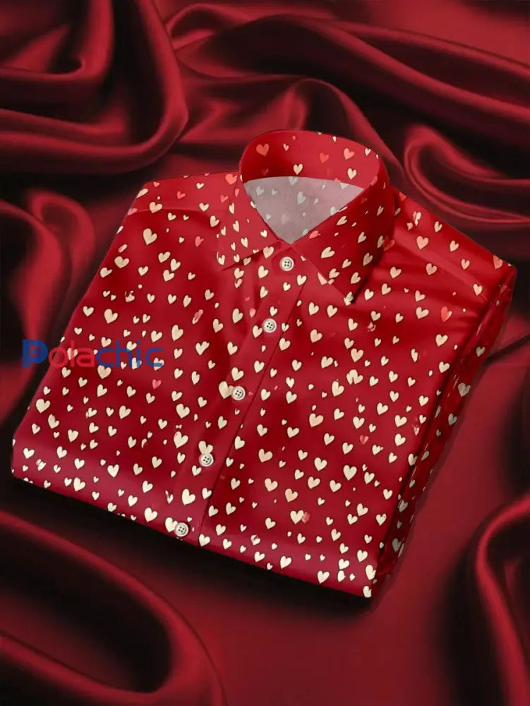 Chemise imprimée art coeur Saint-Valentin de style d’affaires pour hommes Rouge / S