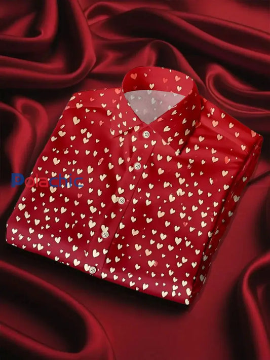 Chemise imprimée art coeur Saint-Valentin de style d’affaires pour hommes Rouge / S