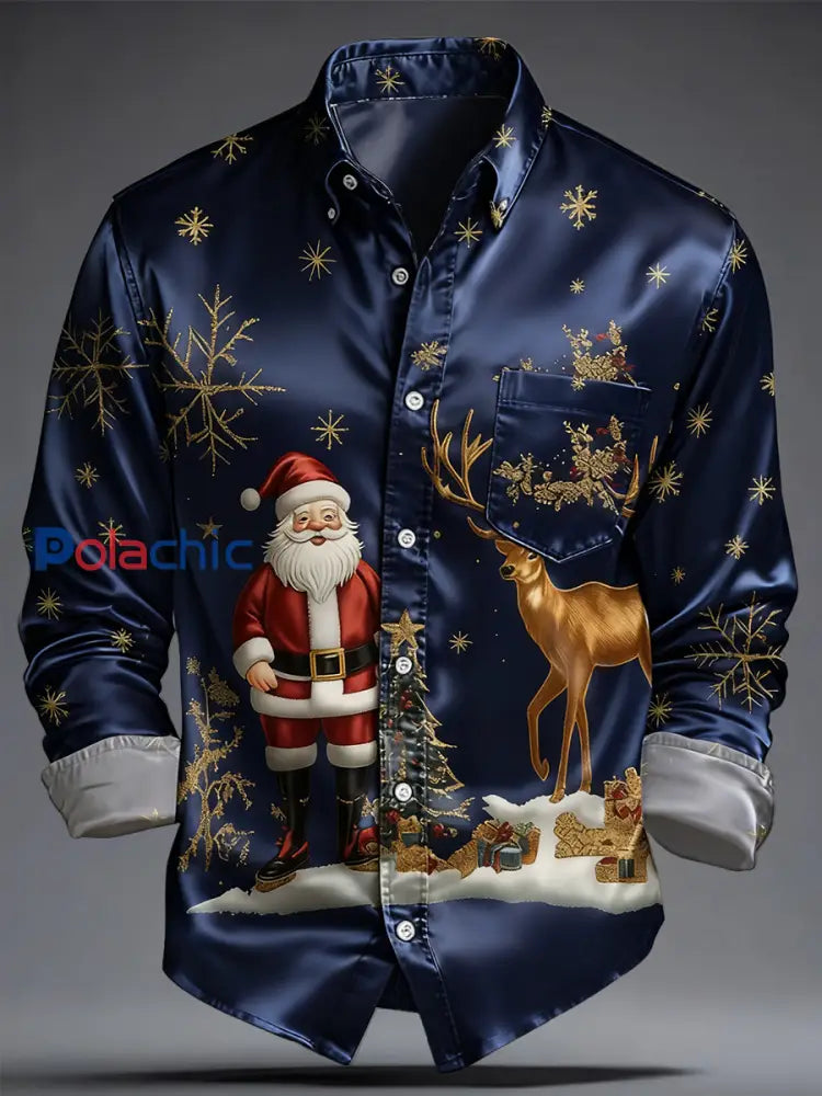 Chemise imprimée d’art de Noël de luxe pour hommes Bleu Marine / S