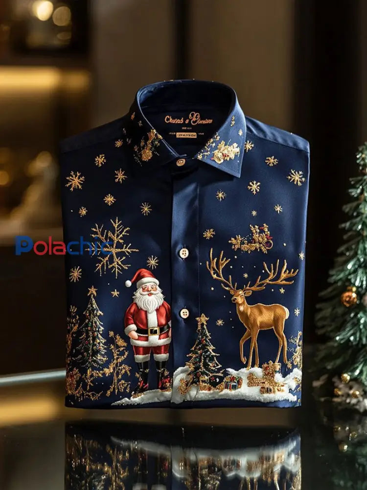 Chemise imprimée d’art de Noël pour hommes Bleu Marine / S
