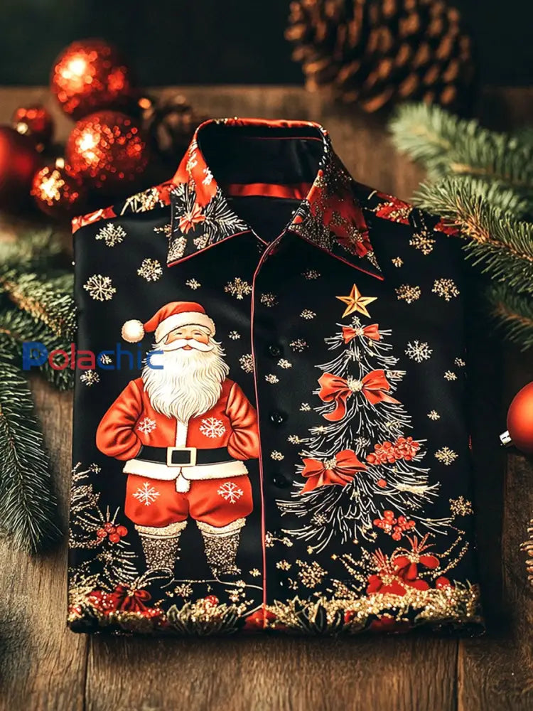 Chemise imprimée d’art de Noël de style d’affaires de luxe pour hommes Noir / S