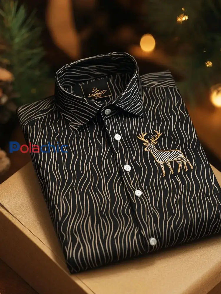Chemise imprimée d’art de Noël de style d’affaires de luxe pour hommes Noir / S