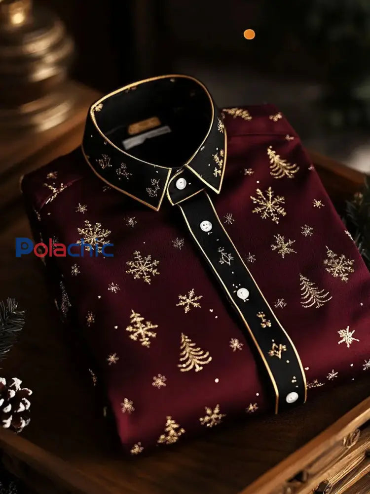 Chemise imprimée d’art de Noël de style d’affaires de luxe pour hommes Vin Rouge / S