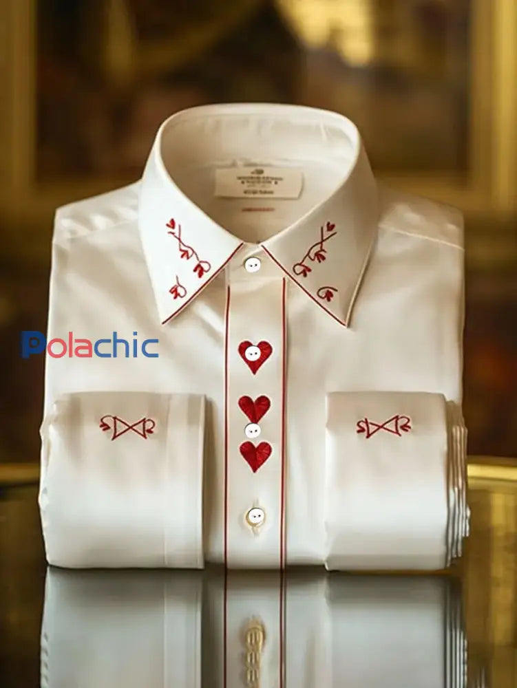 Chemise imprimée de style d’affaires de luxe pour hommes art du coeur de la Saint-Valentin Blanc / S
