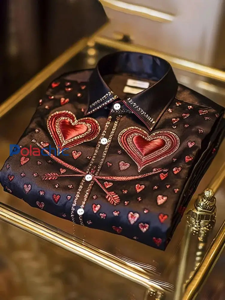 Chemise imprimée de style d’affaires de luxe pour hommes art du coeur de la Saint-Valentin Noir / S