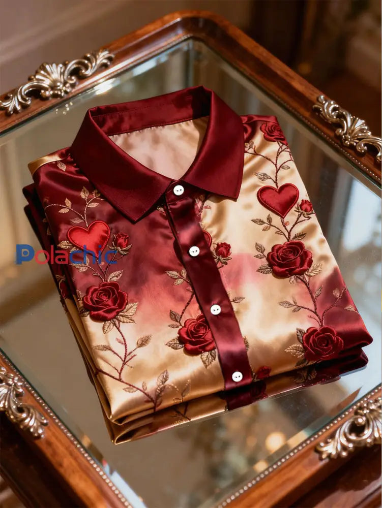 Chemise imprimée de style d’affaires de luxe pour hommes art du coeur de la Saint-Valentin Rouge / S