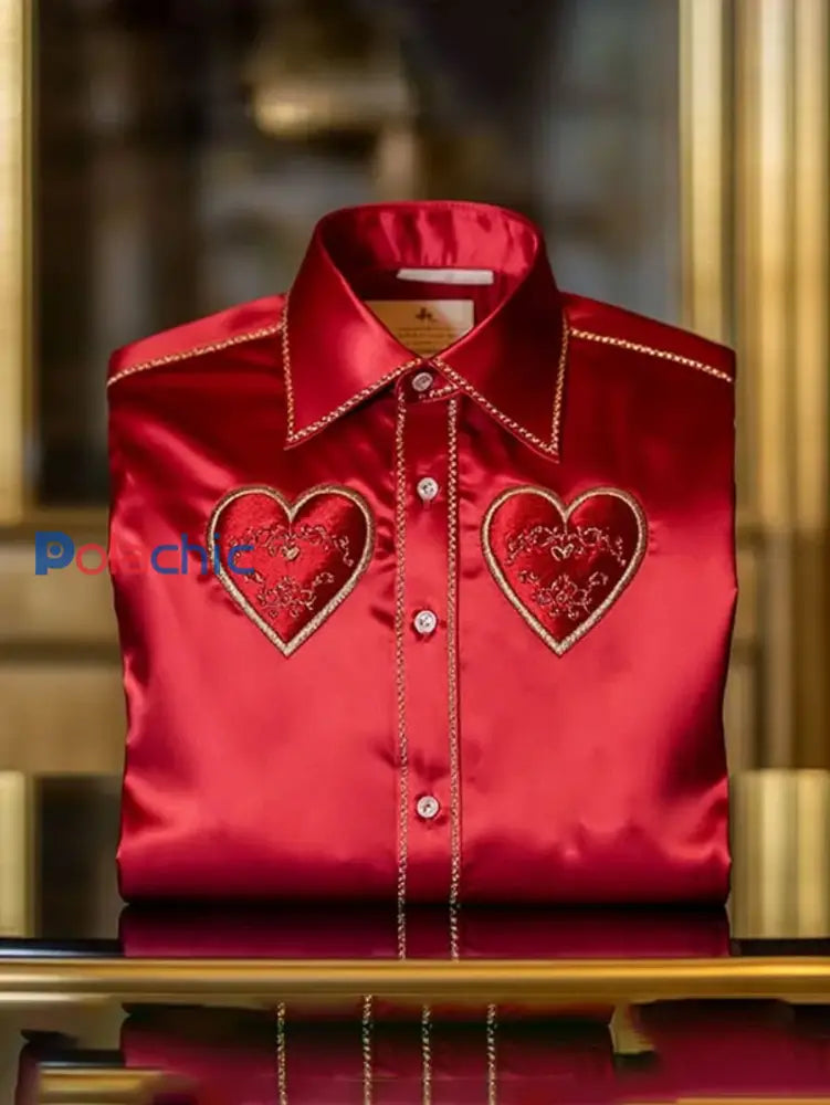 Chemise imprimée de style d’affaires de luxe pour hommes art du coeur de la Saint-Valentin Vin Rouge / S