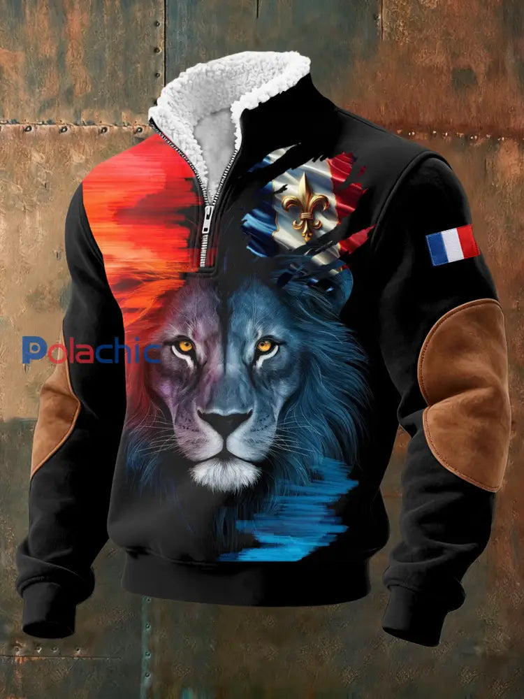 Chemise Lion Du Drapeau Français Plush à col montant pour homme Noir / S