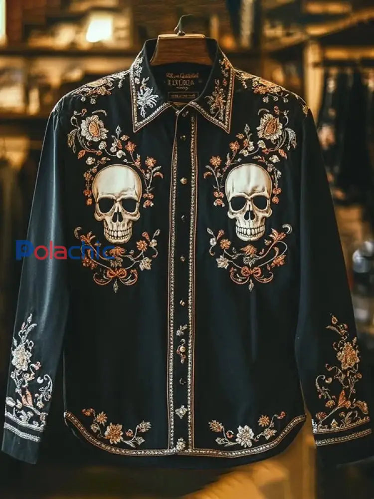 Chemise rétro à manches longues à imprimé crâne décontracté pour hommes comme image / S