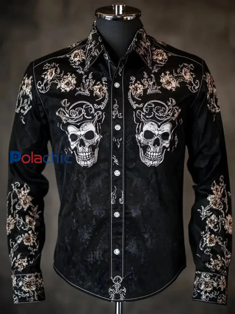 Chemise rétro à manches longues à imprimé crâne décontracté pour hommes comme image / S