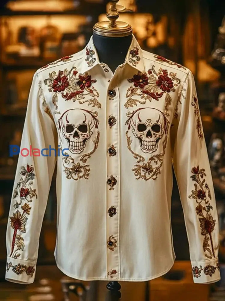 Chemise rétro à manches longues à imprimé crâne décontracté pour hommes comme image / S