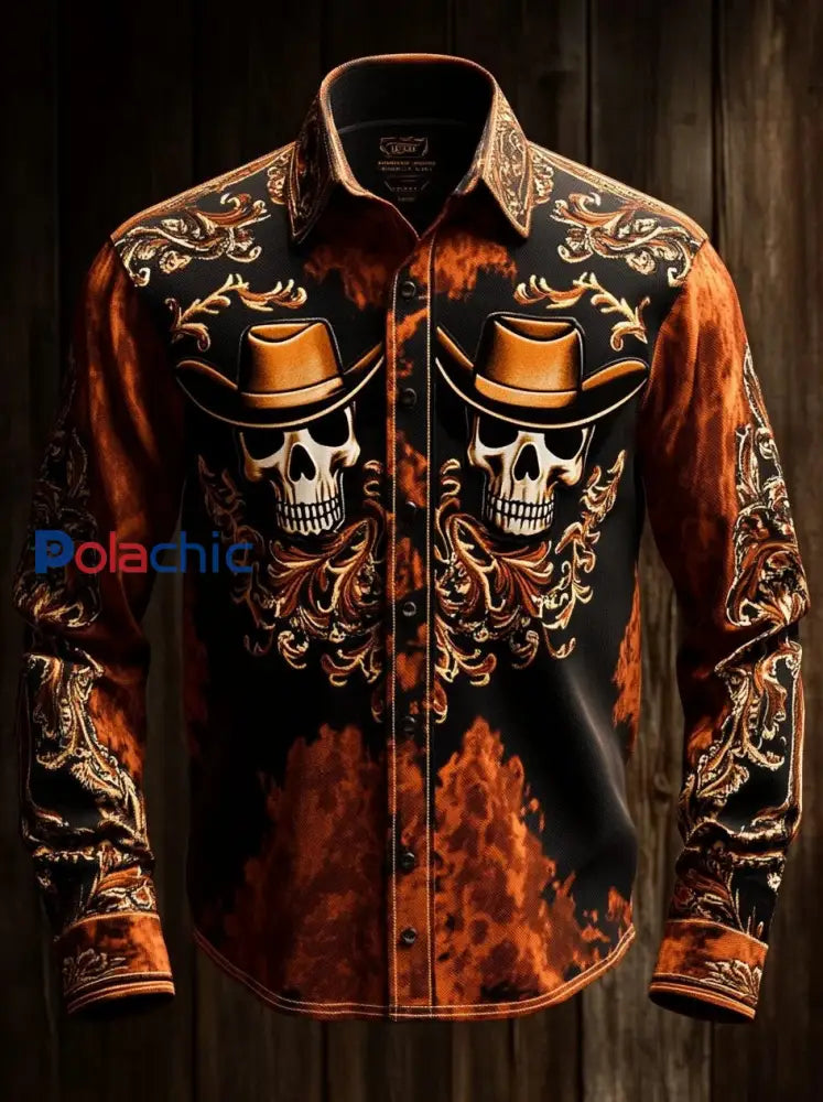 Chemise rétro à manches longues à imprimé crâne décontracté pour hommes comme image / S