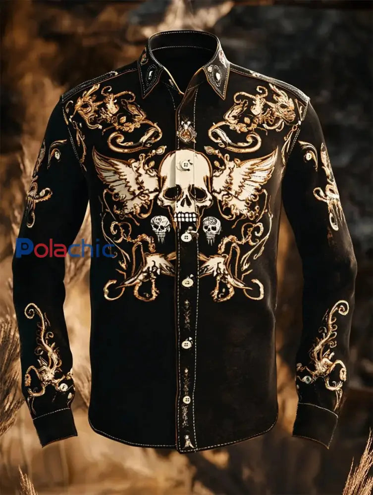 Chemise rétro à manches longues à imprimé crâne décontracté pour hommes comme image / S