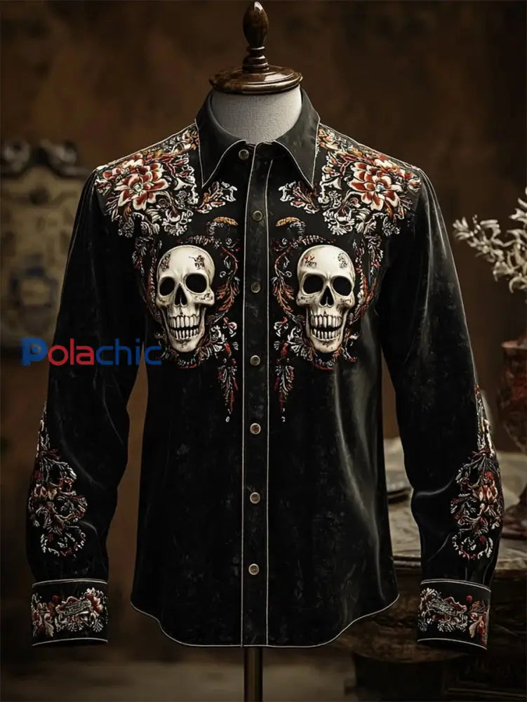 Chemise rétro à manches longues à imprimé crâne décontracté pour hommes comme image / S